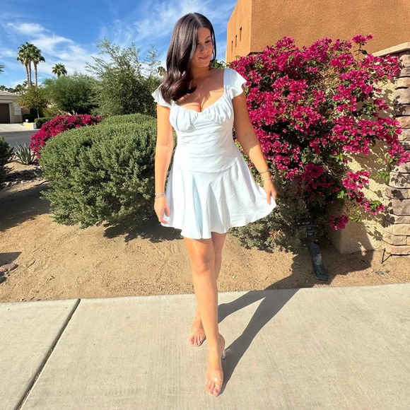 MESHKI | Carson Ruched Satin Mini Dress | Powder Blue | Size: X-Large - Picture 2 of 7